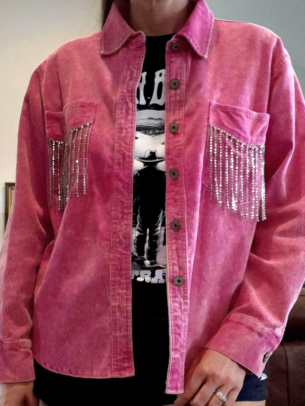 Pink Corduroy Jacket with Rhinestone Pocket Fringe